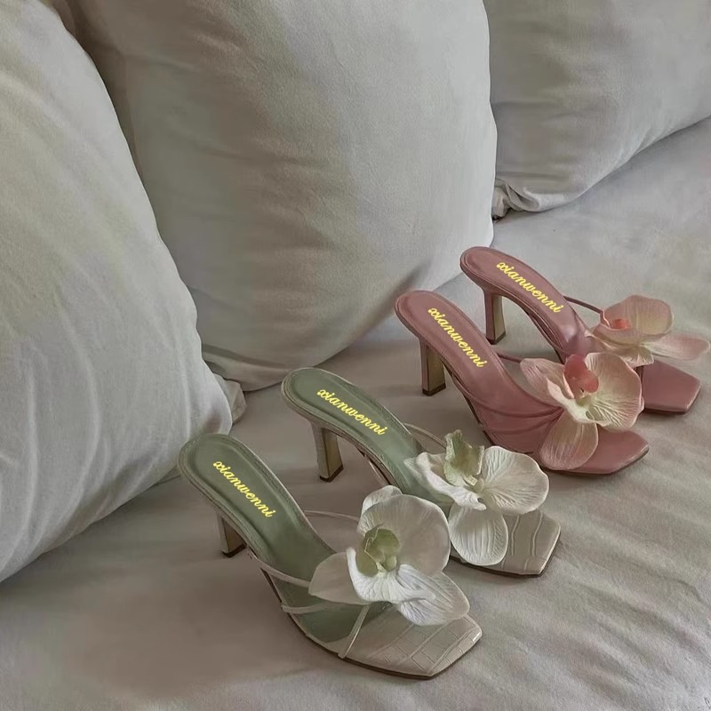 Flowers slippers France style high-heeled shoes for women