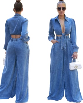 Casual denim wide leg pants a set for women
