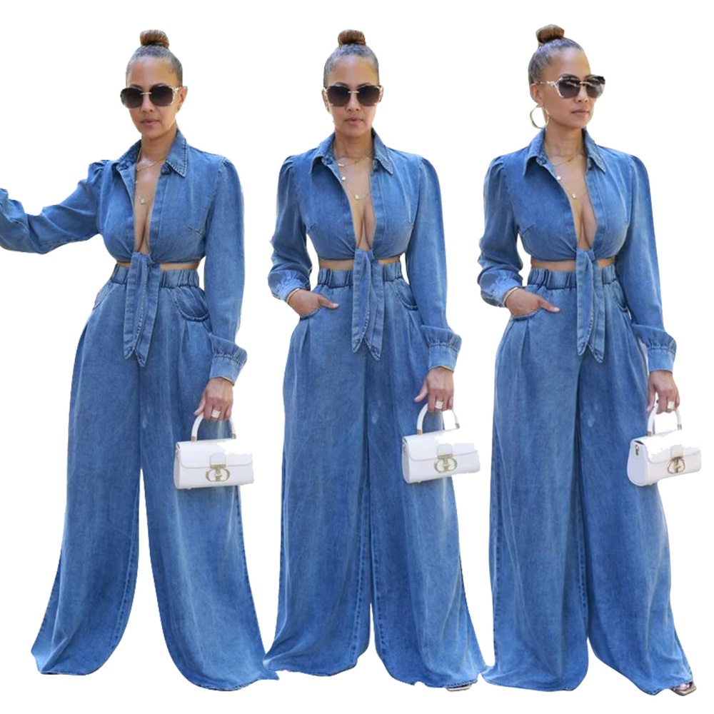 Casual denim wide leg pants a set for women
