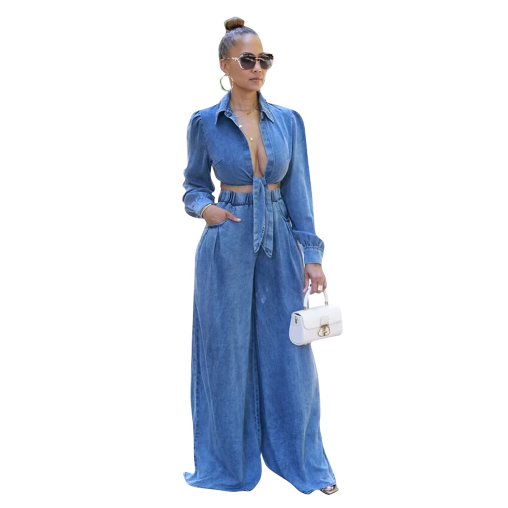 Casual denim wide leg pants a set for women