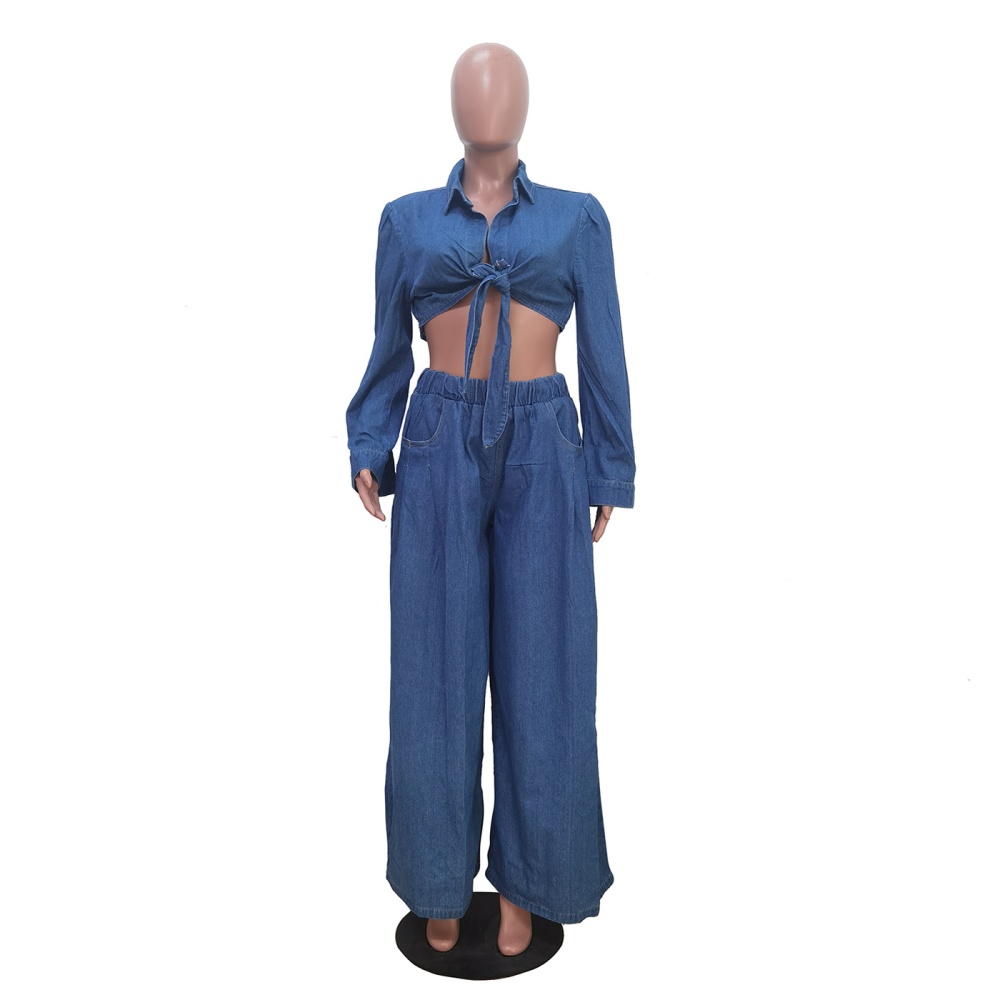 Casual denim wide leg pants a set for women