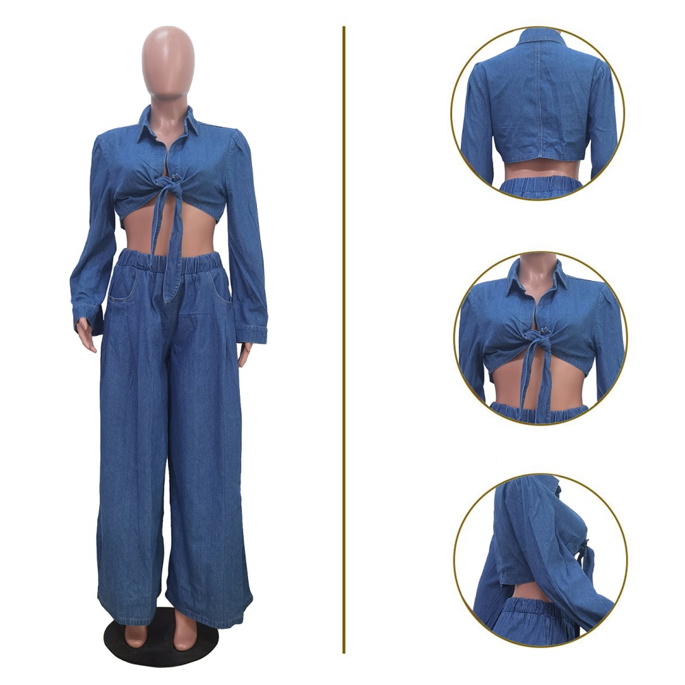 Casual denim wide leg pants a set for women