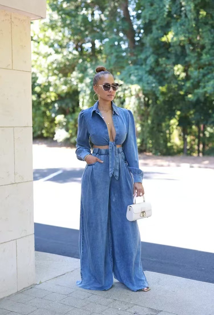 Casual denim wide leg pants a set for women
