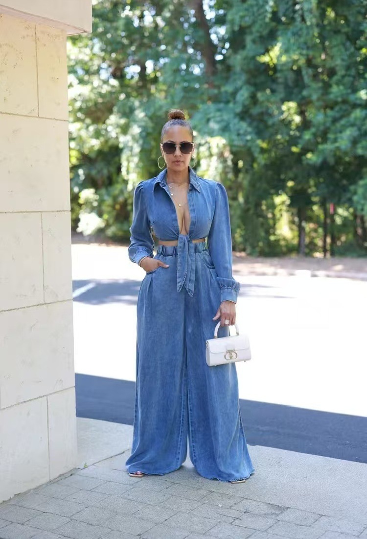 Casual denim wide leg pants a set for women