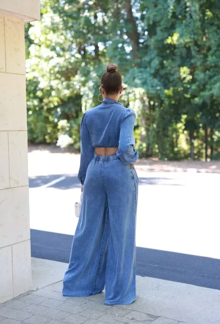 Casual denim wide leg pants a set for women