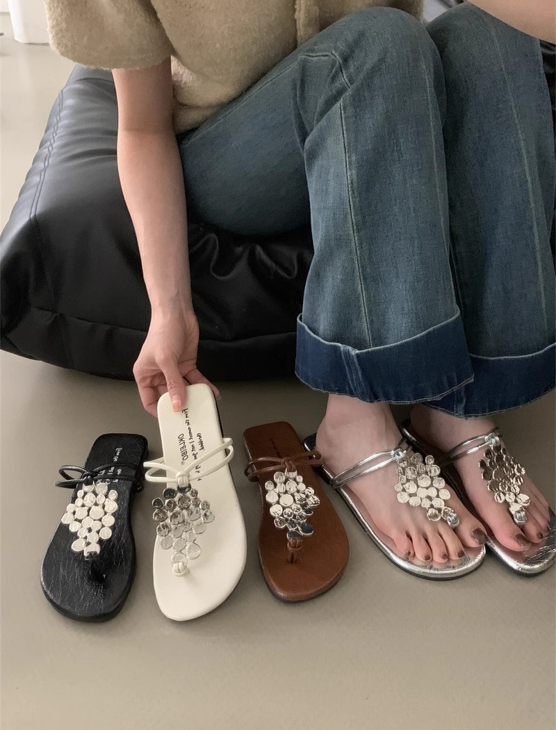 Flat sequins metal slippers low summer rome  for women