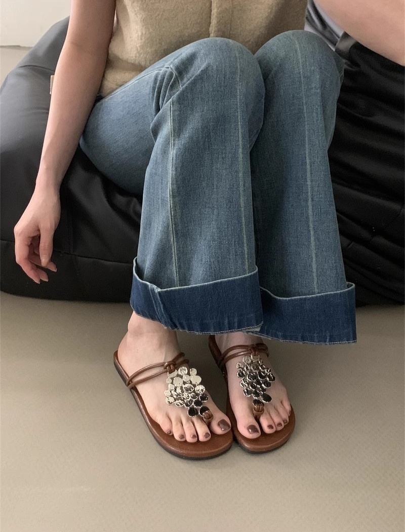 Flat sequins metal slippers low summer rome  for women