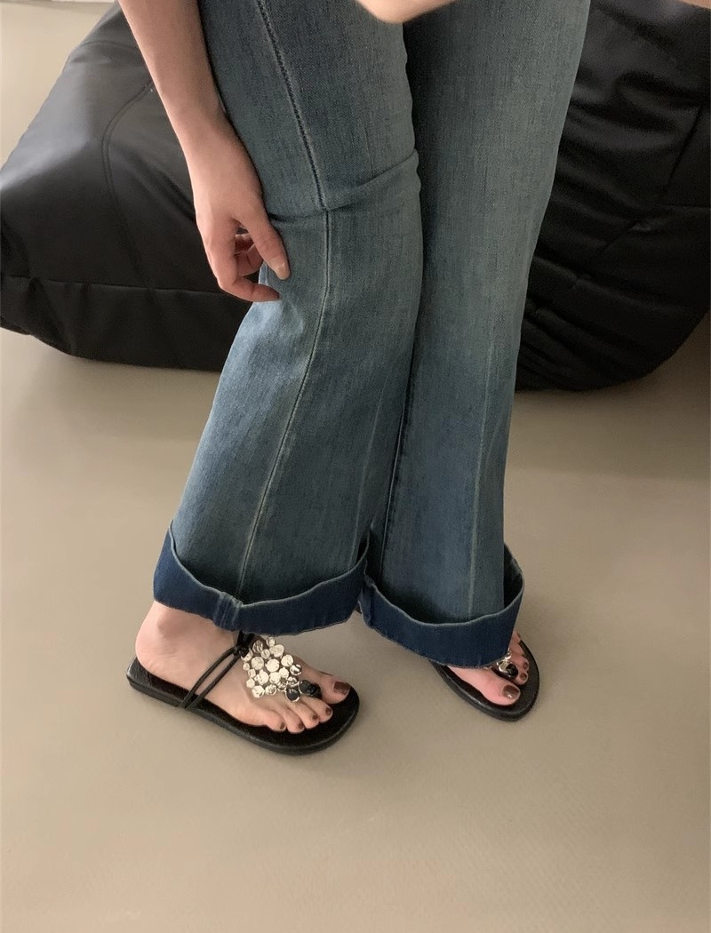 Flat sequins metal slippers low summer rome  for women