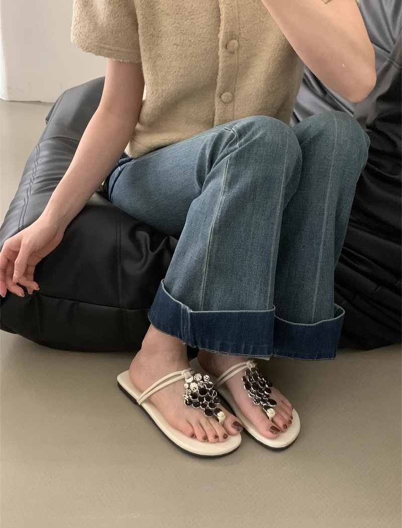 Flat sequins metal slippers low summer rome  for women