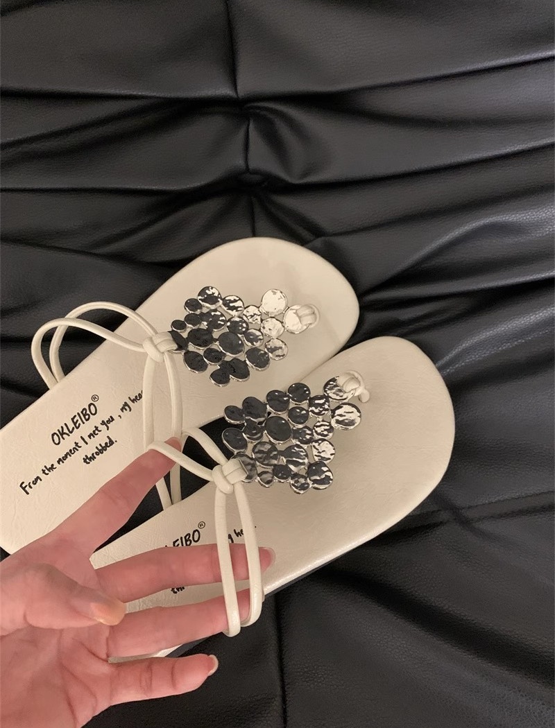 Flat sequins metal slippers low summer rome  for women