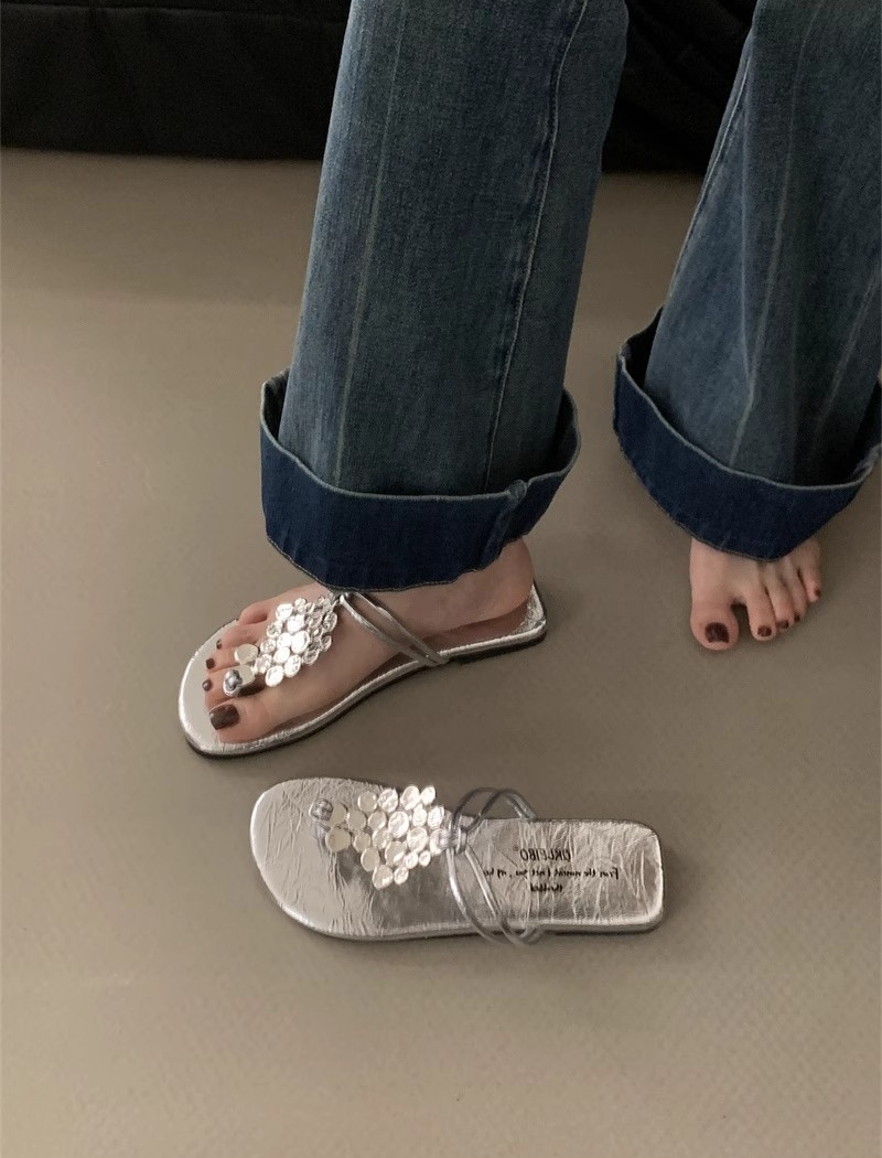 Flat sequins metal slippers low summer rome  for women
