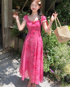 Embroidery tie dye rose-red dress
