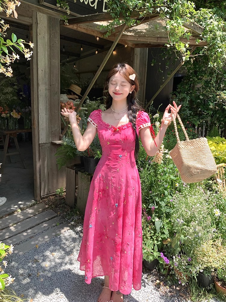 Embroidery tie dye rose-red dress