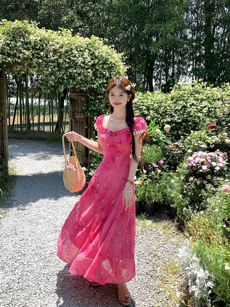 Embroidery tie dye rose-red dress