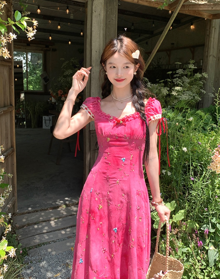 Embroidery tie dye rose-red dress