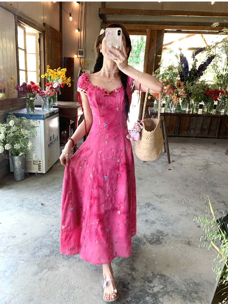 Embroidery tie dye rose-red dress