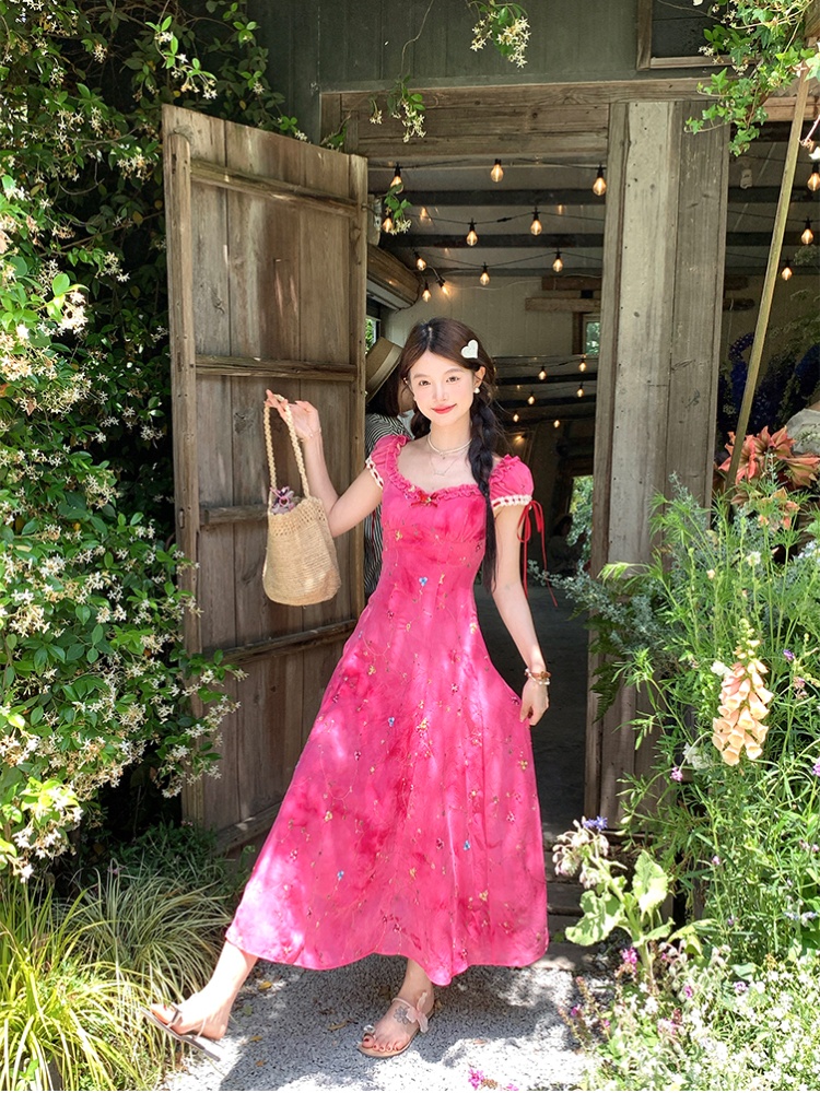 Embroidery tie dye rose-red dress
