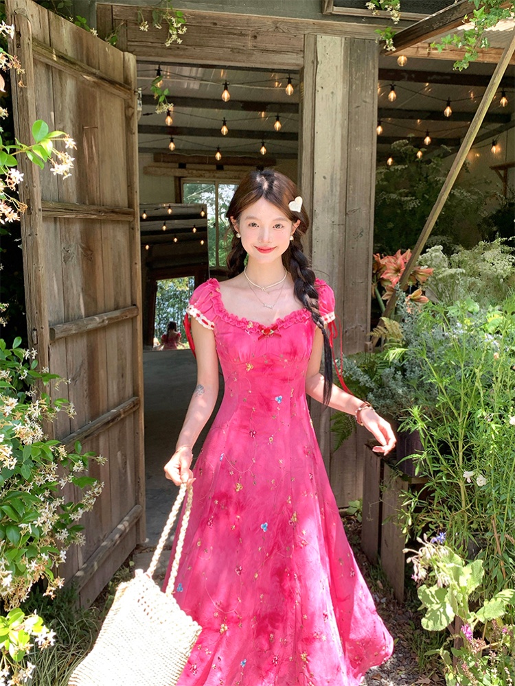 Embroidery tie dye rose-red dress