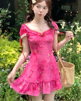 Embroidery tie dye rose-red dress