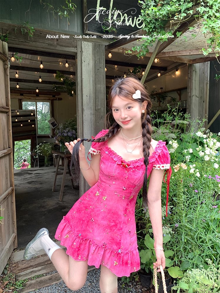 Embroidery tie dye rose-red dress