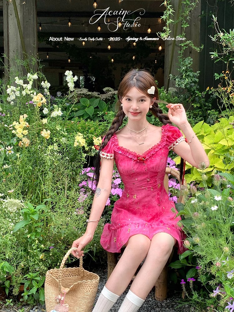 Embroidery tie dye rose-red dress