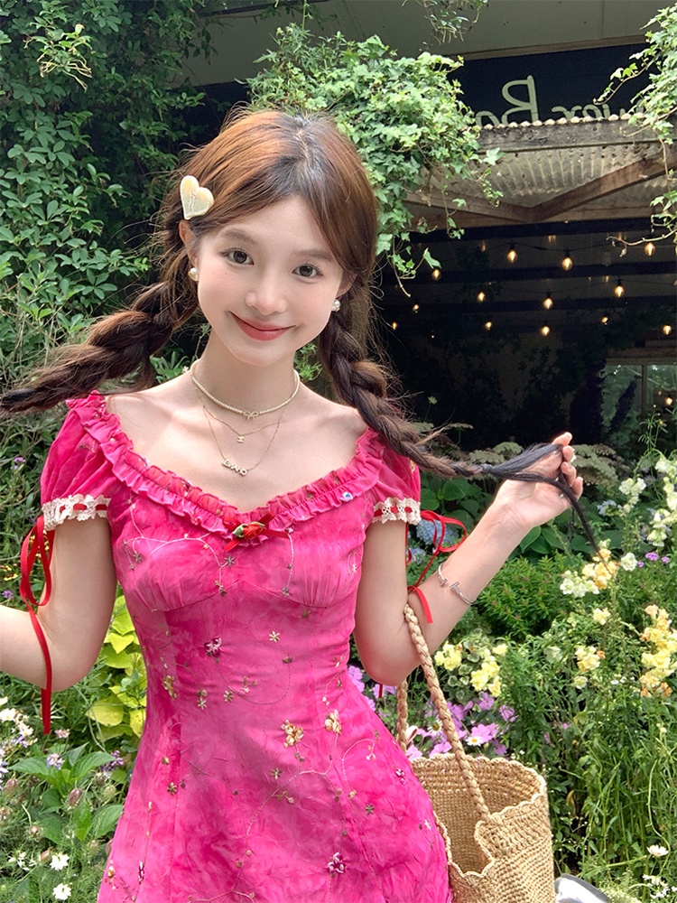 Embroidery tie dye rose-red dress