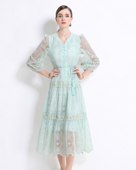 Lantern sleeve V-neck long dress ladies slim dress for women
