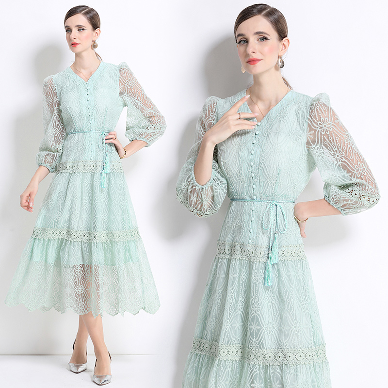 Lantern sleeve V-neck long dress ladies slim dress for women