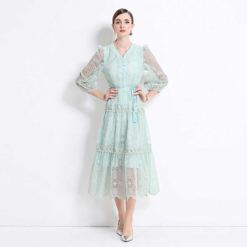 Lantern sleeve V-neck long dress ladies slim dress for women