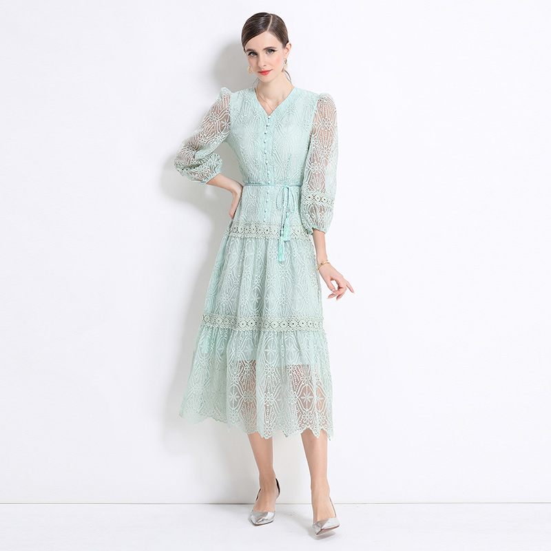 Lantern sleeve V-neck long dress ladies slim dress for women