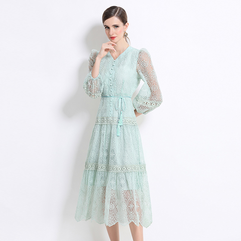 Lantern sleeve V-neck long dress ladies slim dress for women