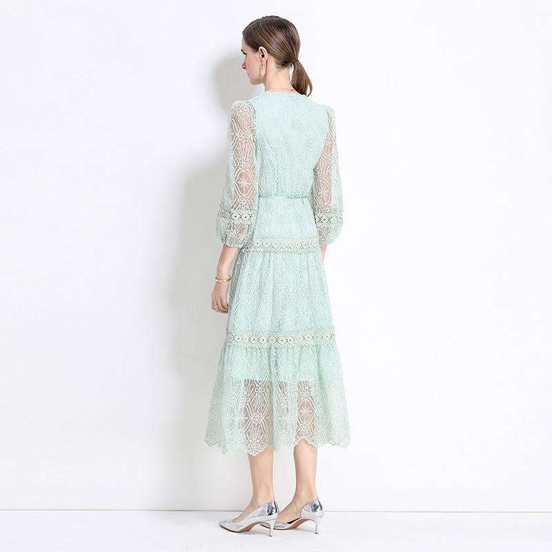 Lantern sleeve V-neck long dress ladies slim dress for women