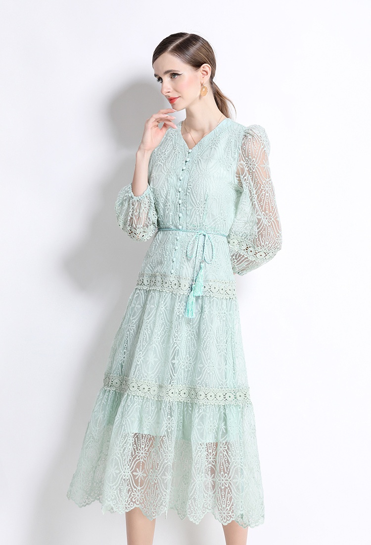 Lantern sleeve V-neck long dress ladies slim dress for women