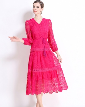 Elegant V-neck long dress lantern sleeve slim dress