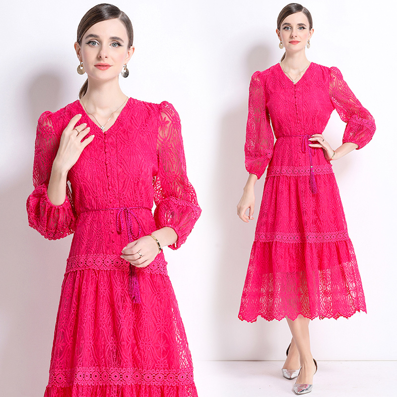Elegant V-neck long dress lantern sleeve slim dress