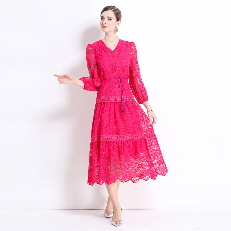 Elegant V-neck long dress lantern sleeve slim dress