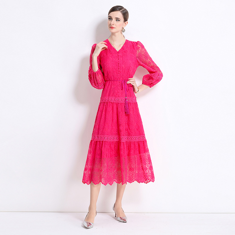 Elegant V-neck long dress lantern sleeve slim dress