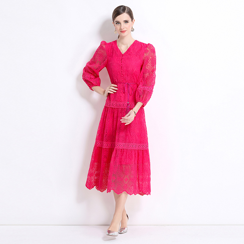 Elegant V-neck long dress lantern sleeve slim dress