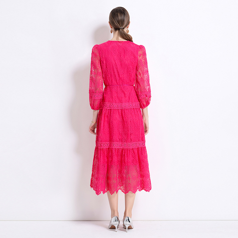 Elegant V-neck long dress lantern sleeve slim dress