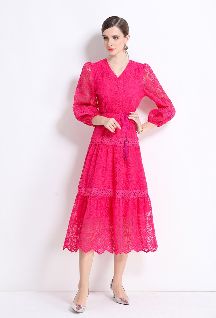 Elegant V-neck long dress lantern sleeve slim dress