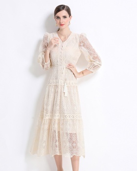 Single-breasted elegant long dress lantern sleeve dress