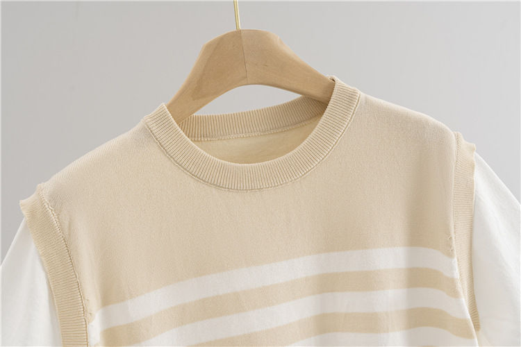 Slim splice summer T-shirt niche Pseudo-two sweater for women