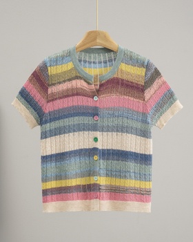 Short sleeve cardigan round neck tops for women