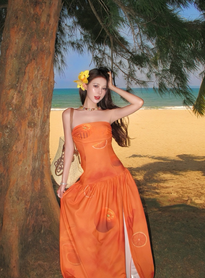 Temperament strapless slim vacation wrapped chest dress