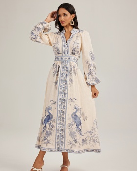 Printing exotic single-breasted long sleeve dress