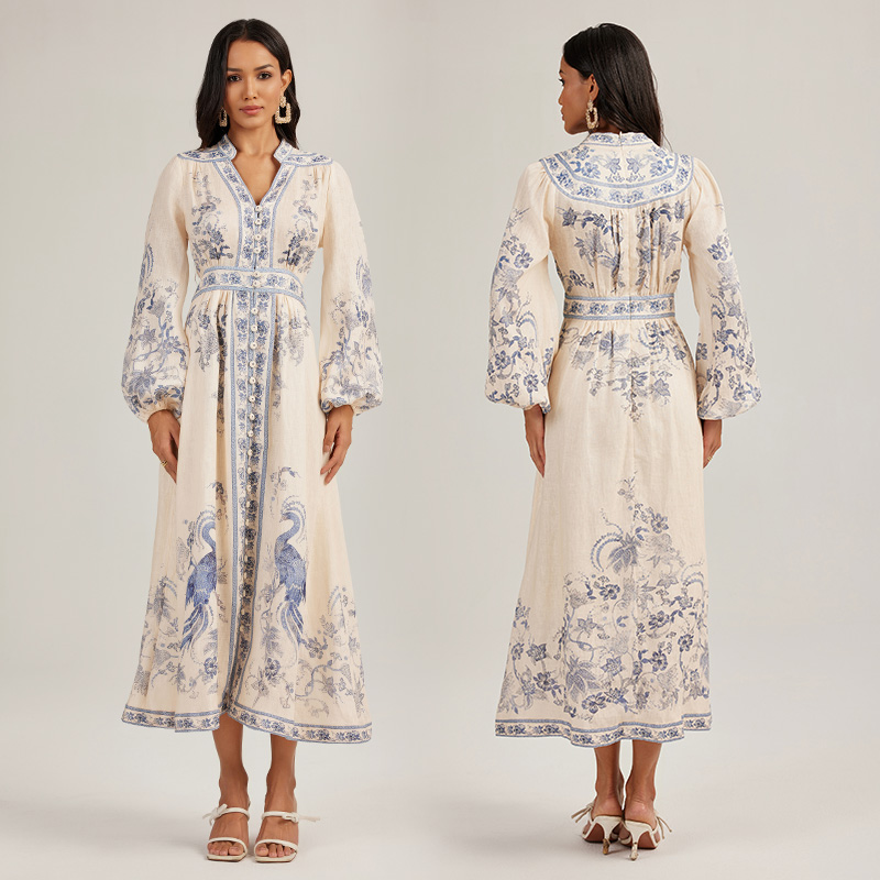 Printing exotic single-breasted long sleeve dress