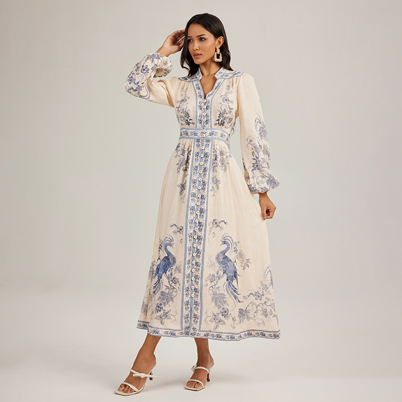 Printing exotic single-breasted long sleeve dress