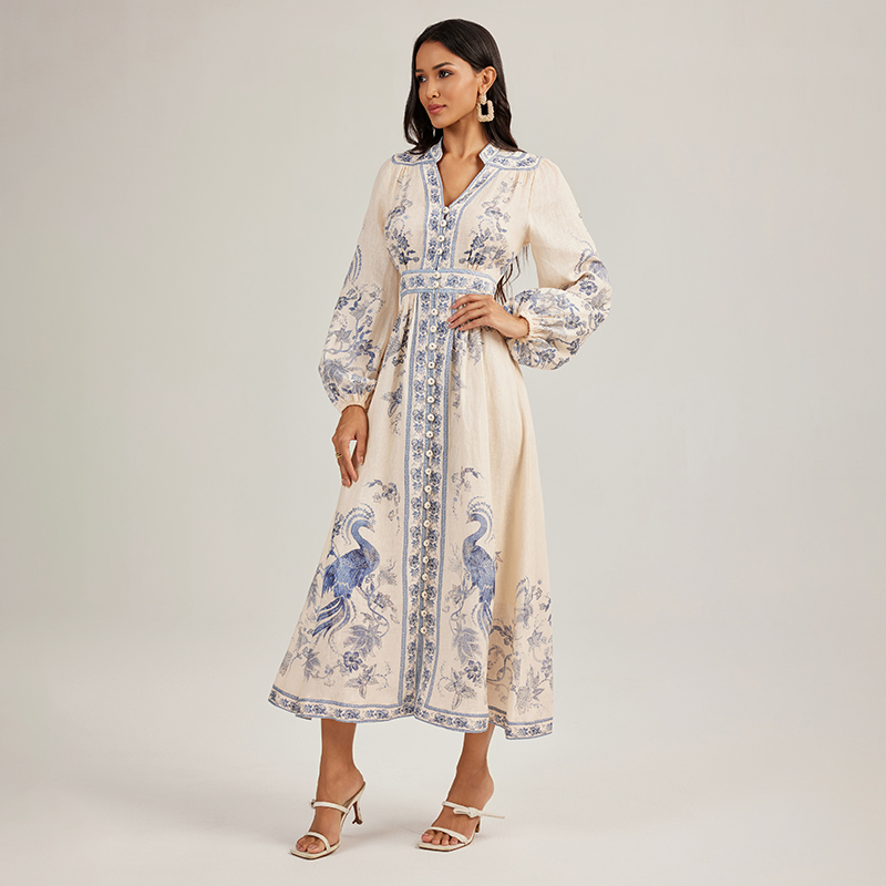 Printing exotic single-breasted long sleeve dress