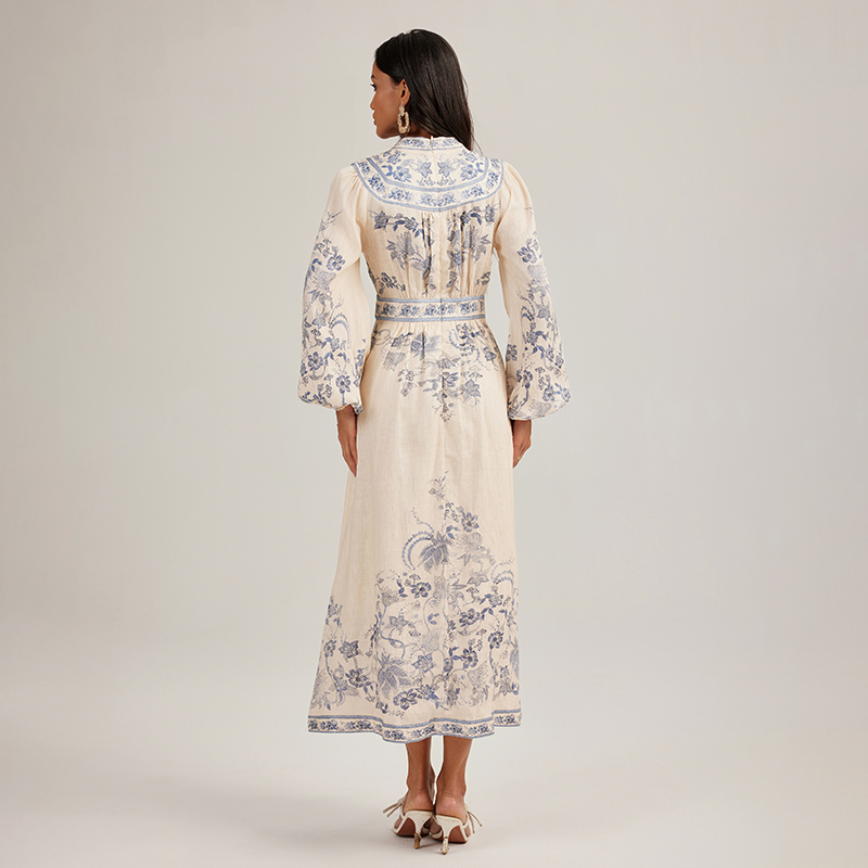 Printing exotic single-breasted long sleeve dress