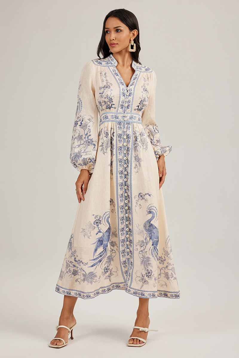 Printing exotic single-breasted long sleeve dress